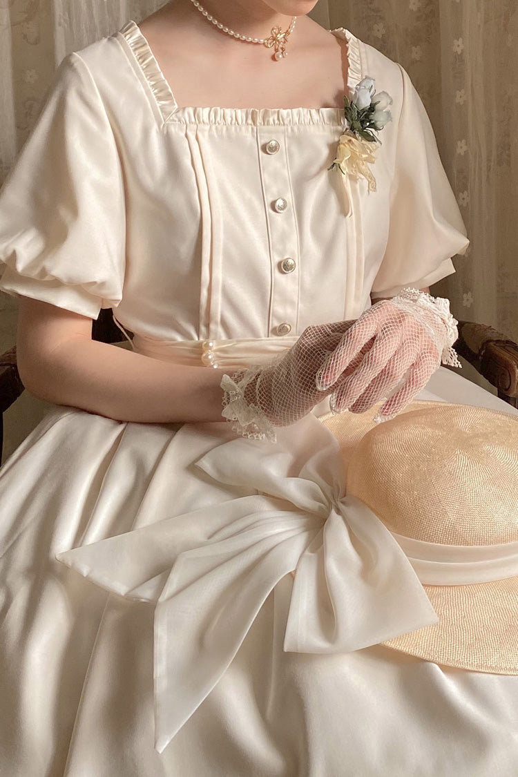 Apricot Classic Vintage Lolita Dress with Square Collar Short Sleeves and Ruffle Trim