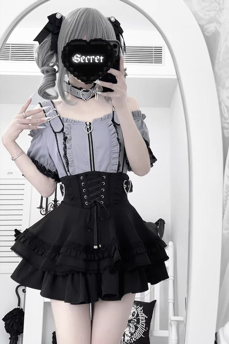 Stand Collar Sleeveless Ruffled Lace-Up Skirt and Blouse Set