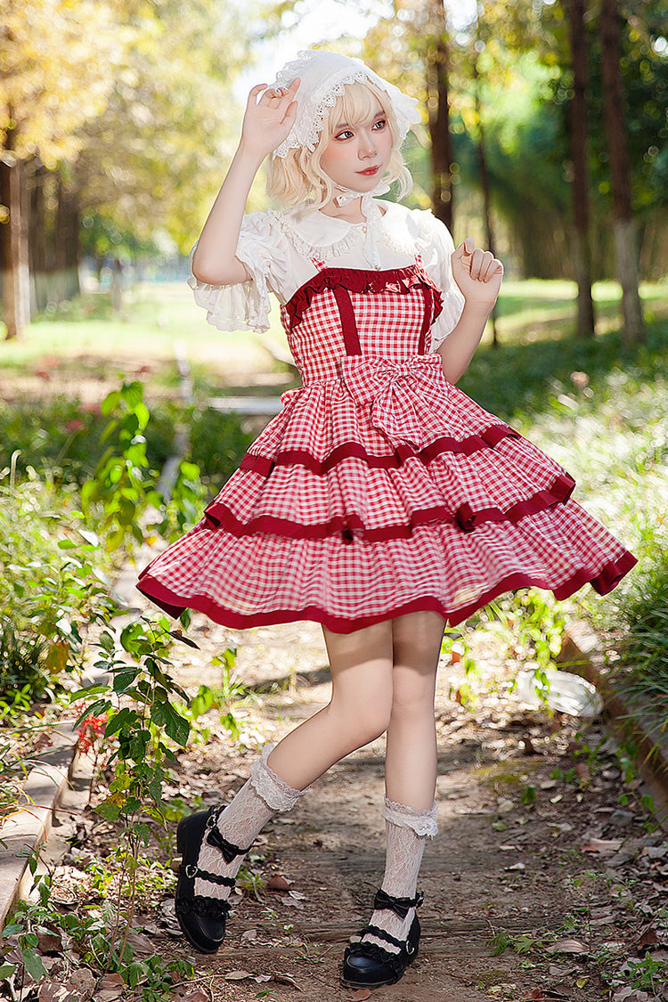 Red Triple-Layered Plaid Ruffle Bow Sweet Lolita Dress