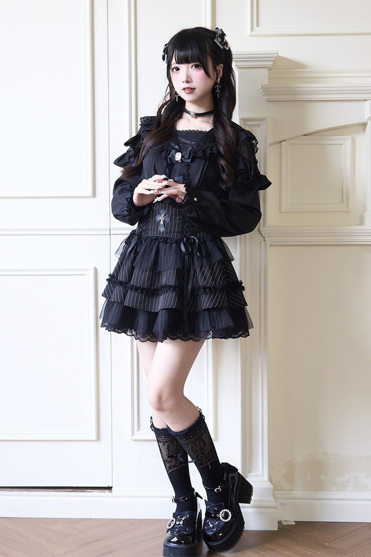 Navy Collar Bowknot Lace Long Sleeve Jirai Blouse in Three Colors