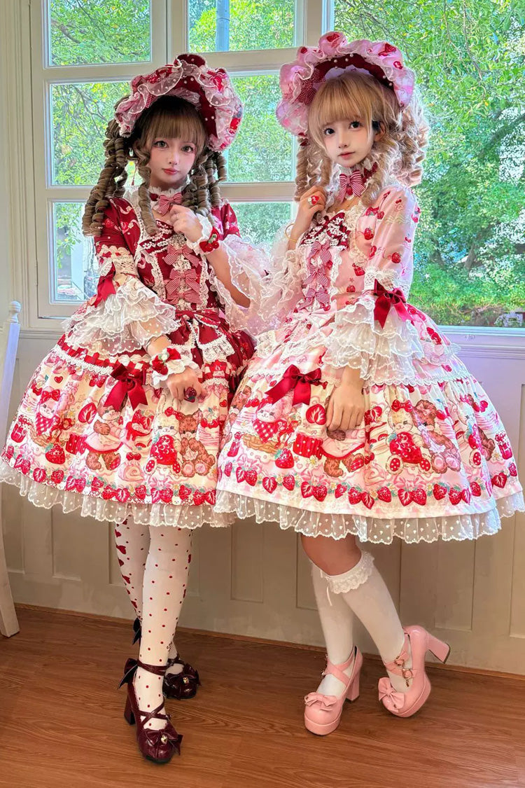 Red/Pink Sweet Lolita OP Dress Half Sleeves Bow Lace Lace-Up - Sweet Berry Bunny Bear