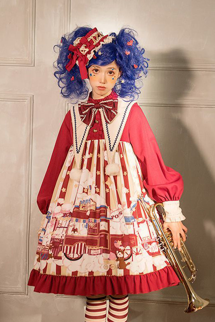 Crimson Lapel Bow Lantern Sleeve Popcorn Print Lolita OP Dress