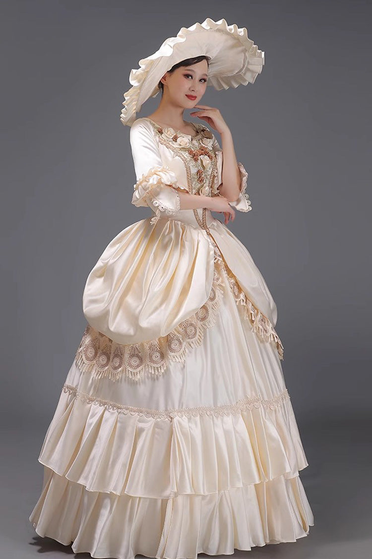 Champagne 3D Floral Multi-Layer Ruffled Victorian Dress - Sweet Vintage
