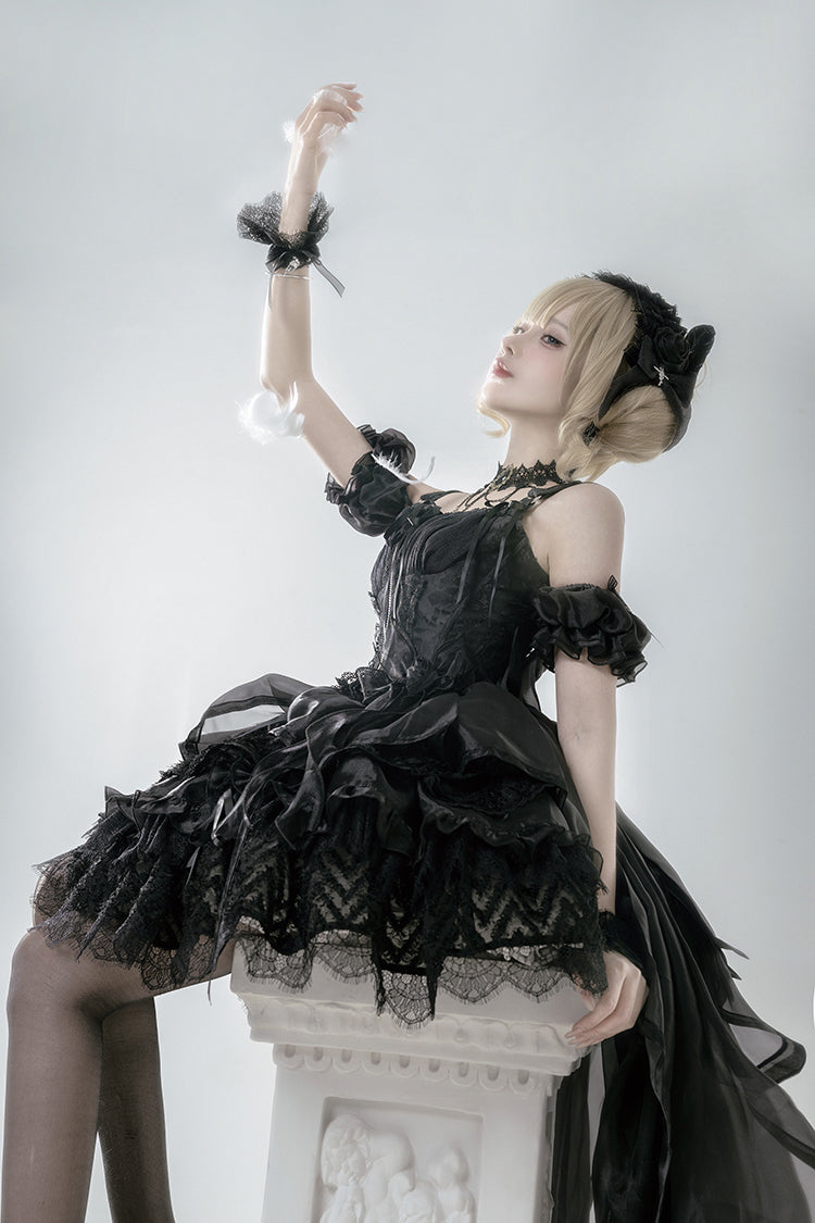 Black Sleeveless Multi-Layer Lace Gothic Skirt Set - Rose Memoirs