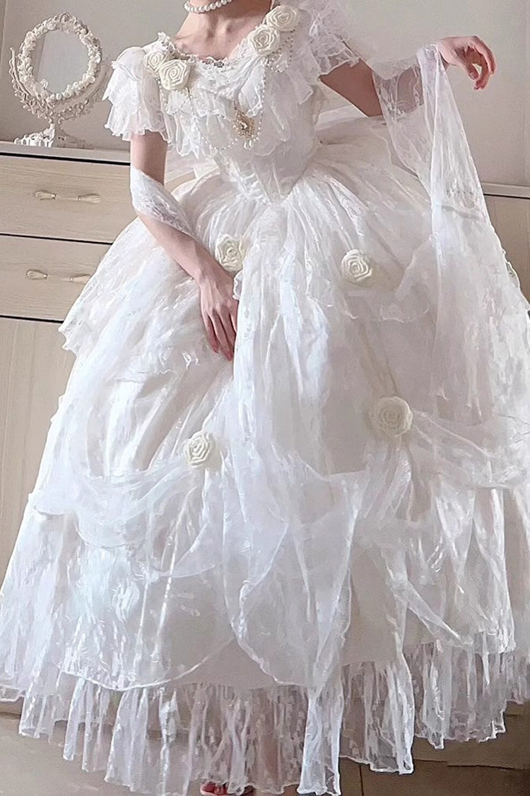 White Rose-Printed Sweet Strapless Dress with Ruffled Sleeves