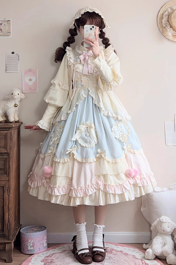 Sleeveless Multi-Layer Ruffle Bow Lace Sweet Lolita Jumper Dress Long - Multi Color