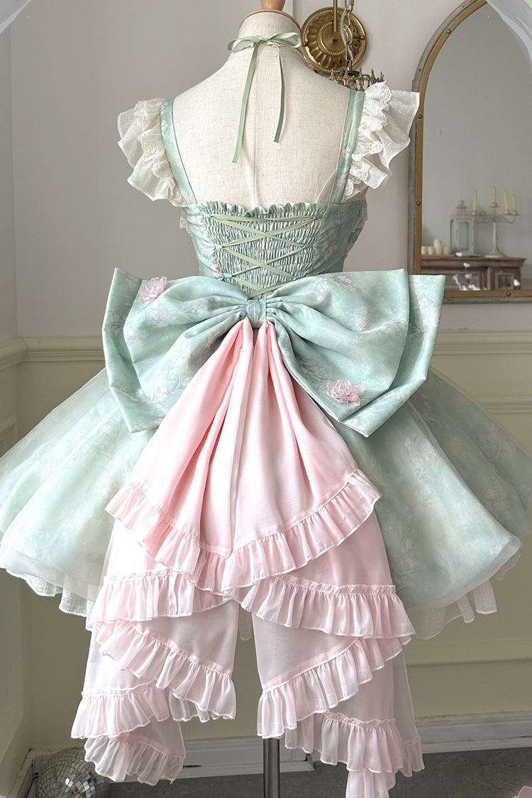 Emerald Flower Fairy Forest Garden Print Frill Bow Lace Gown