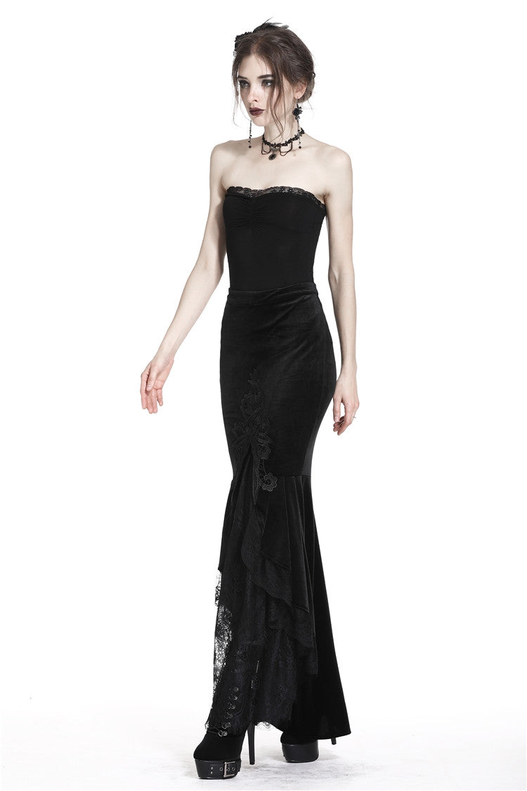 Sable Velour Lace-Trim Gothic Mermaid Skirt
