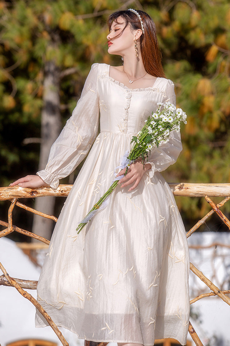 Apricot French Retro Sweet Lolita OP Dress Long Lantern Sleeves Embroidery - Altfashion Shop