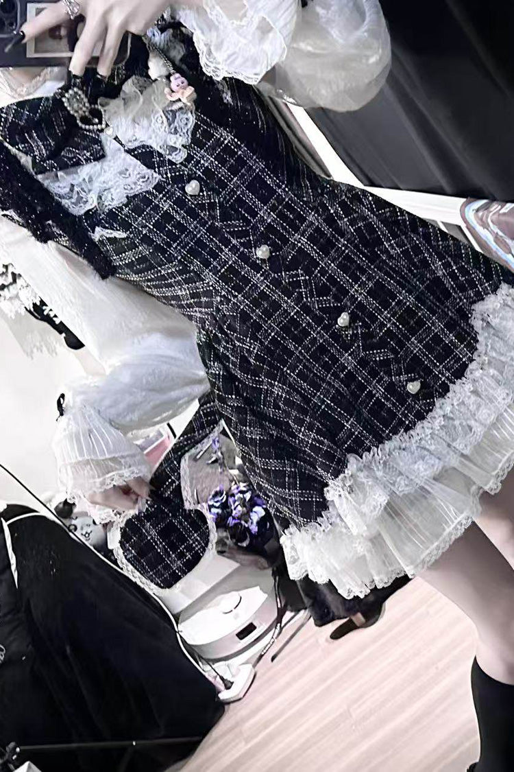 Black Plaid Print Ruffle Bow Lace Sweet Jirai Kei Dress with Shorts