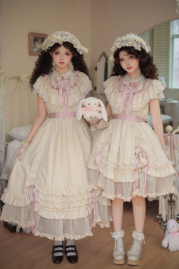 Apricot Sweet Lolita Dress with Stand Collar Short Sleeves Loose Doll-Like Ruffled Bow Lace