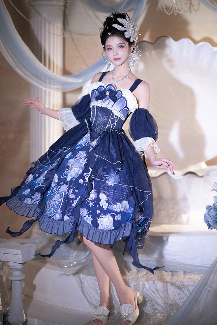 Blue Print Ruffle Lace Sweet Elegant Lolita Jsk Dress