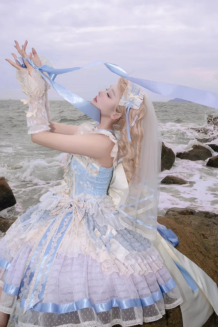 Moonstone Sleeveless Ruffle Embroidery Bow Lace Fishbone Princess Dress in Blue