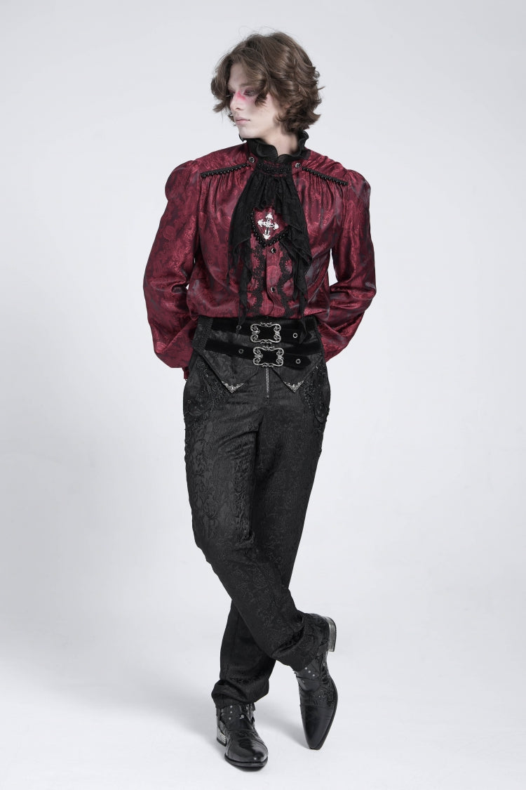 Crimson Puff Sleeve Men's Gothic Shirt with Lace Tie