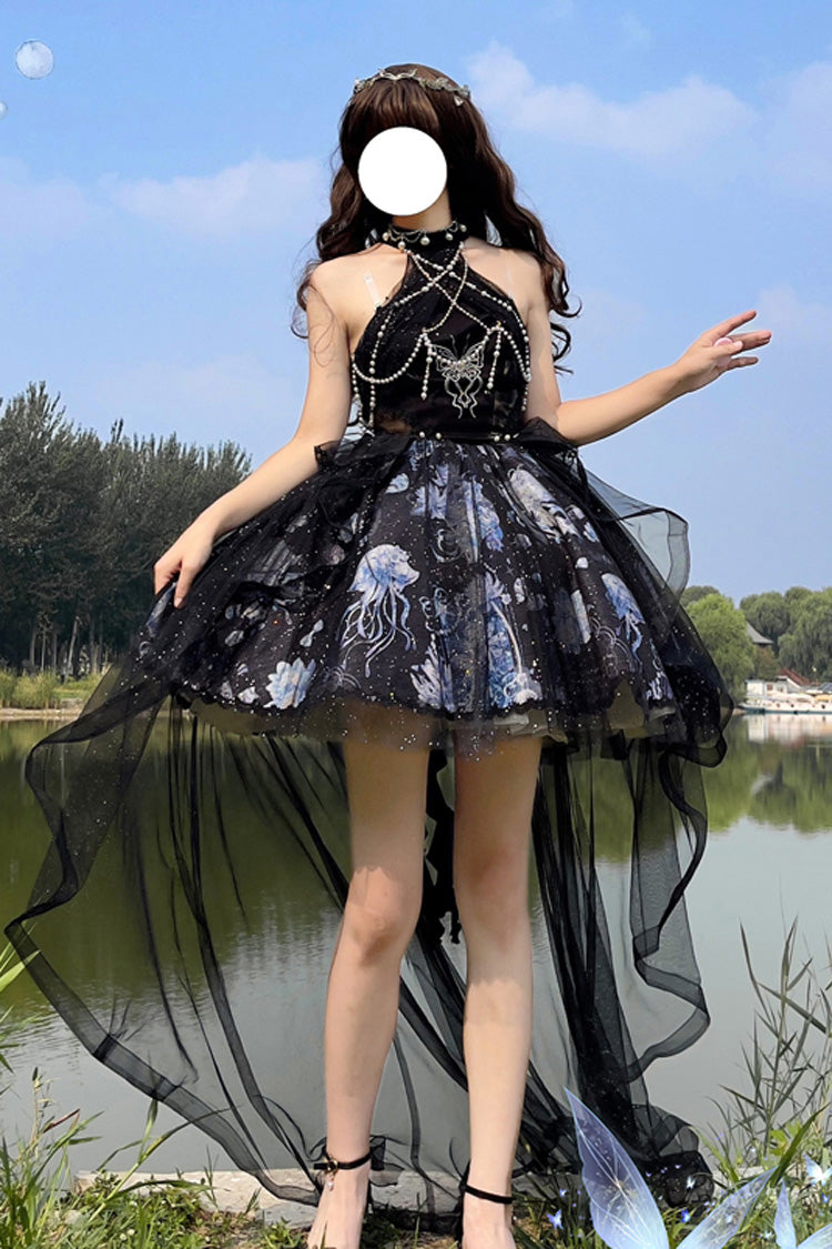 Blue Halterneck Sleeveless Embroidery Bowknot Lace Elegant JSK Dress