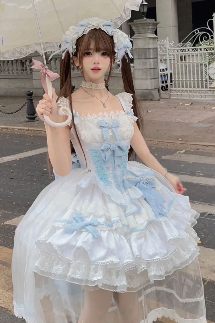 Blue/White Clouds and Mist Multi-Layered Ruffle Ribbon Lace Girly Princess Lolita JSK Gown