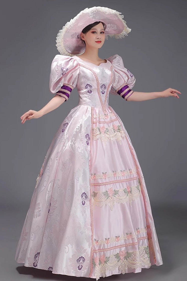 Pink Vintage Princess Dress with Embroidered Short Sleeves