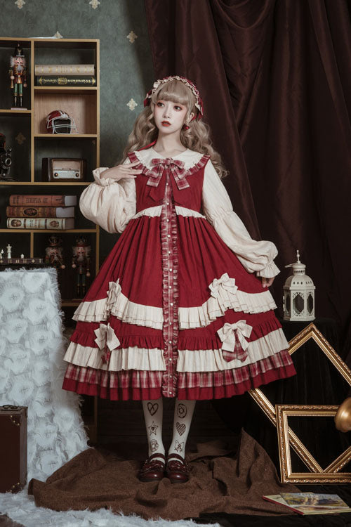 Christmas Bowknot High-Waist Ruffled OP Dress with Lapel Collar