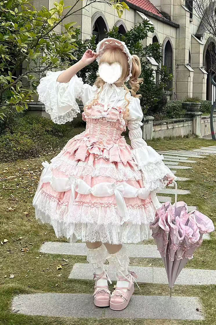 Pink Sleeveless Multi-Layer Ruffle Bow Lace Sweet Plus JSK Dress
