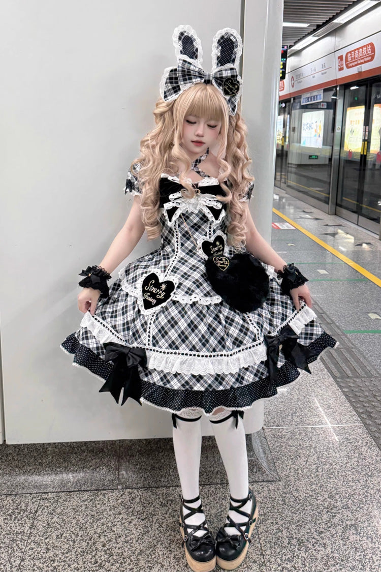 Sweet Lolita OP Dress with Plaid Print and Ruffle Bow Knot