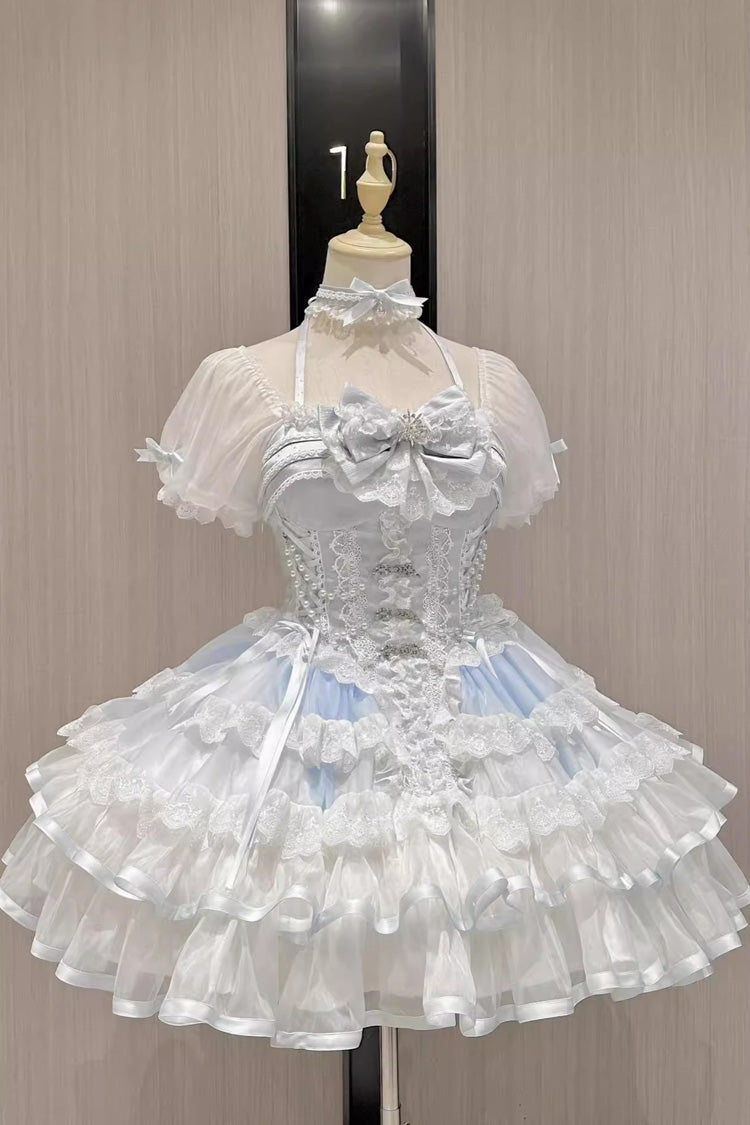 Ice Dance White Blue Short Sleeves Multi-Layered Ruffle Embroidery Bowknot Lace Sweet Dress