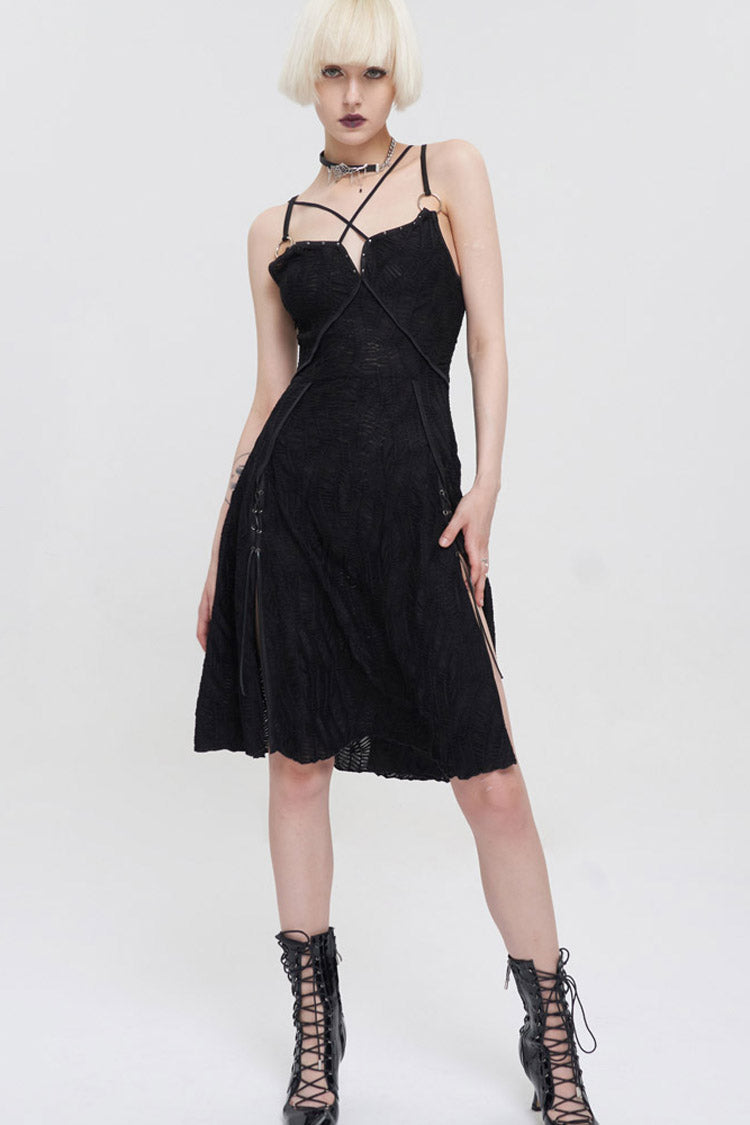 Suspenders Slit Hem Wave Stretch Fabric Punk Dress