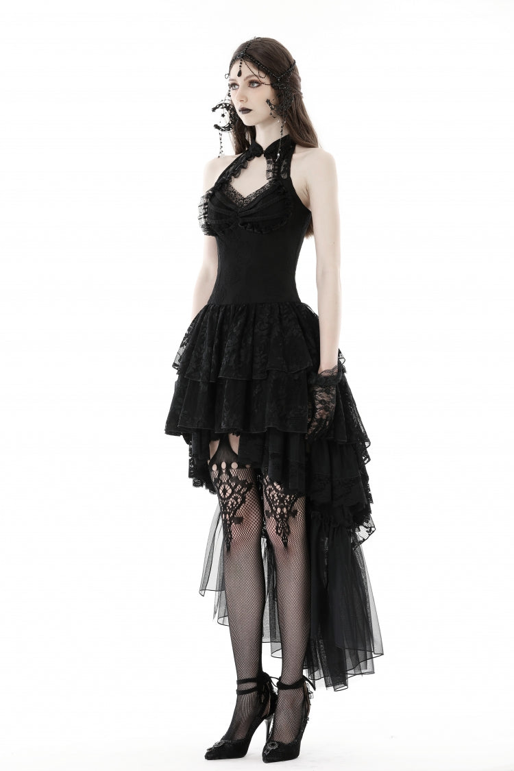 Off Shoulder Halterneck Lace Irregular High Low Multi-Layered Gothic Dress
