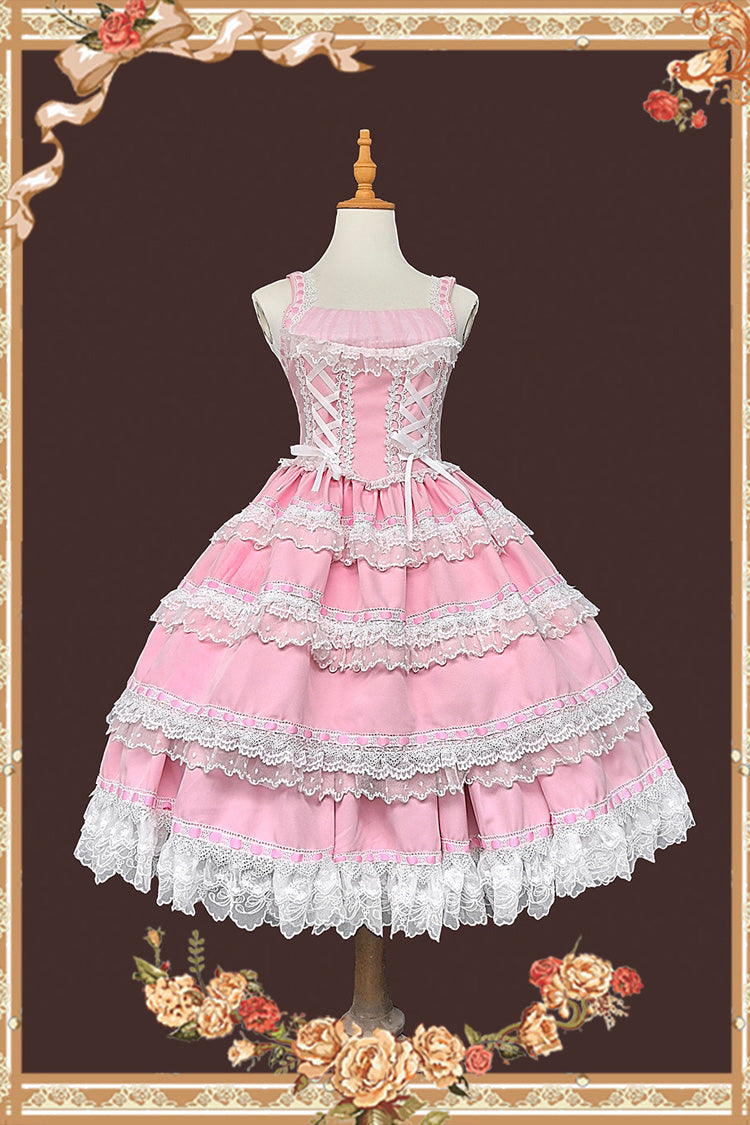 Doll in the Mirror Square Collar Sleeveless Ruffled Lace-Up Sweet Lolita Jsk Dress - Pink/White