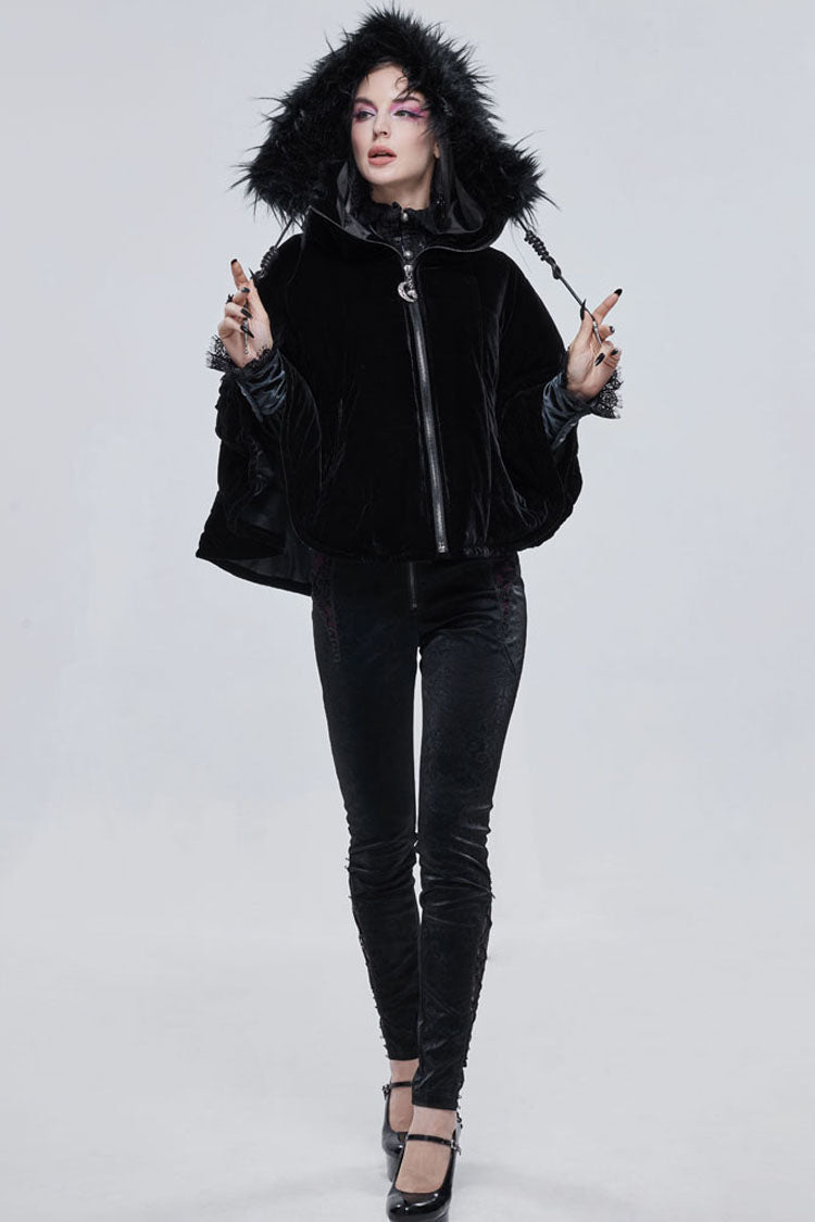 Gothic Velvet Shawl with Crescent Pendant, Zipper, Short Warm Cut