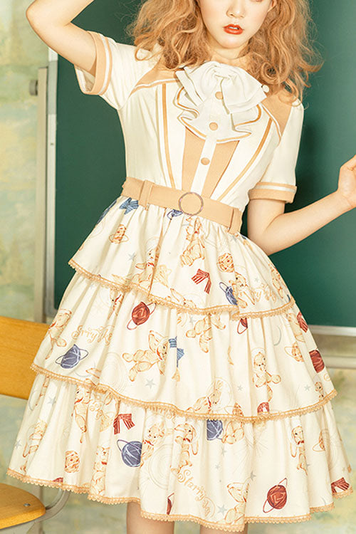 Multicolor Bunny Astronaut Print Short Sleeve 3-Tier Sweet Lolita OP Dress - Altfashion Shop