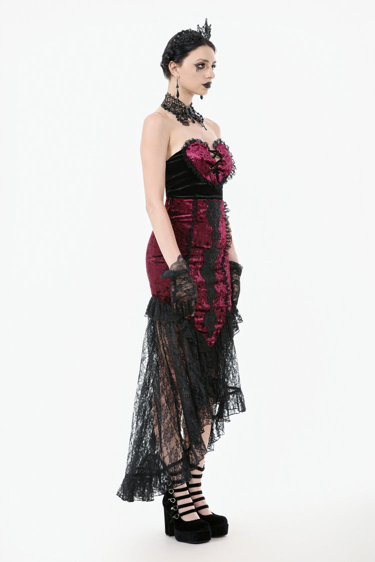 Crimson & Noir Velvet & Lace Lace-Up High-Low Maxi Gothic Skirt