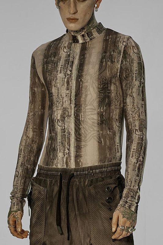 Black/Yellow Punk High Collar Tech Sense Printing Elastic Tight Long Sleeves Men's Shirt