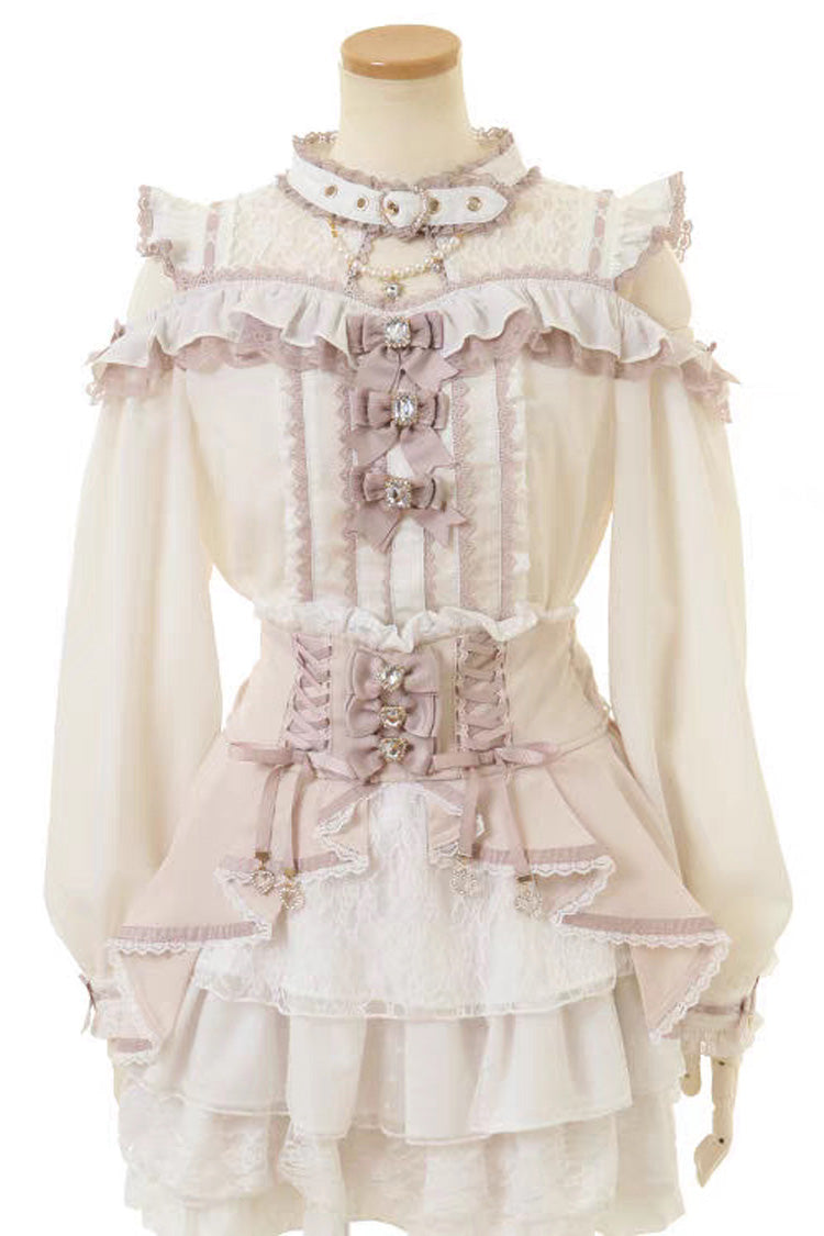 Chic Off-Shoulder Bow-Embellished Lace Blouse with Choker in Three Tones