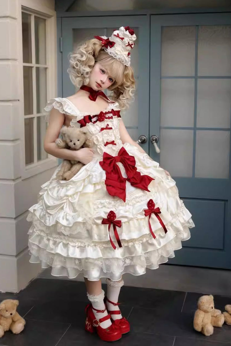 Sweet Apricot Square Collar Sleeveless Layered Ruffle Embroidered Bow Lolita JSK