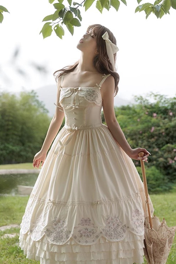 Apricot Princess Lolita JSK Dress with Triple-Layer Ruffles Embroidery Bowknot and Lace