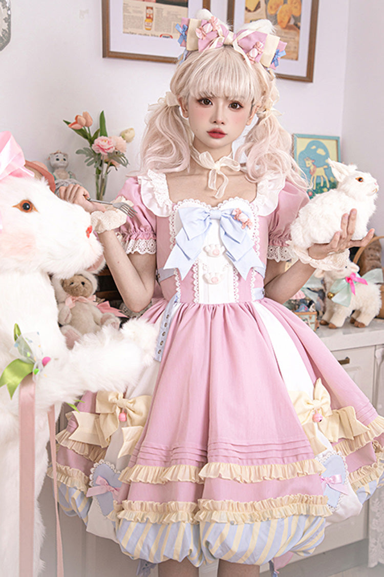 Pink Short Sleeve Print Ruffle Bowknot Lace-Up Sweet Princess Dress Set