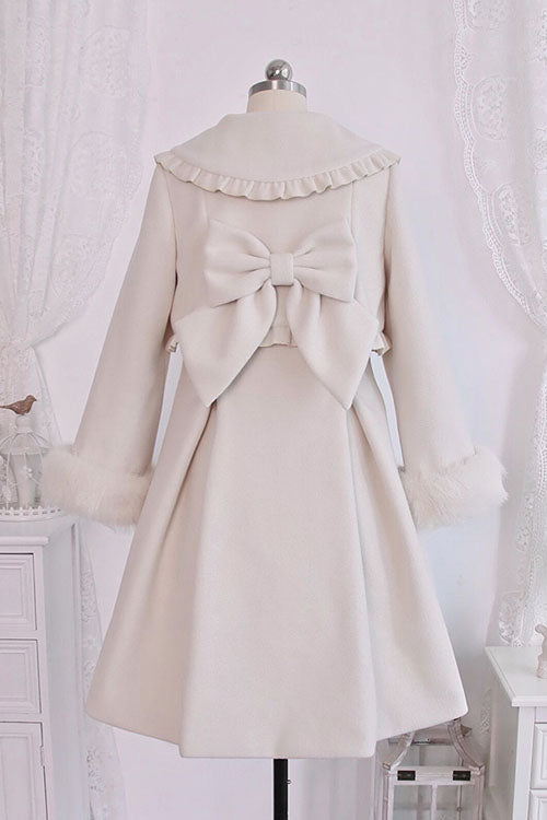 Ivory Woolen Coat with Bow - Double Breasted Lolita