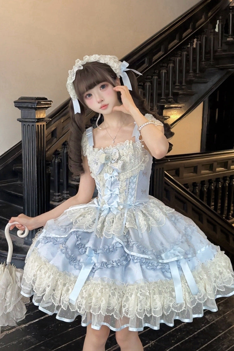 Dreaming Butterfly Blue Multi-Layered Jacquard Ruffle Bowknot Lace Sweet Princess JSK Dress