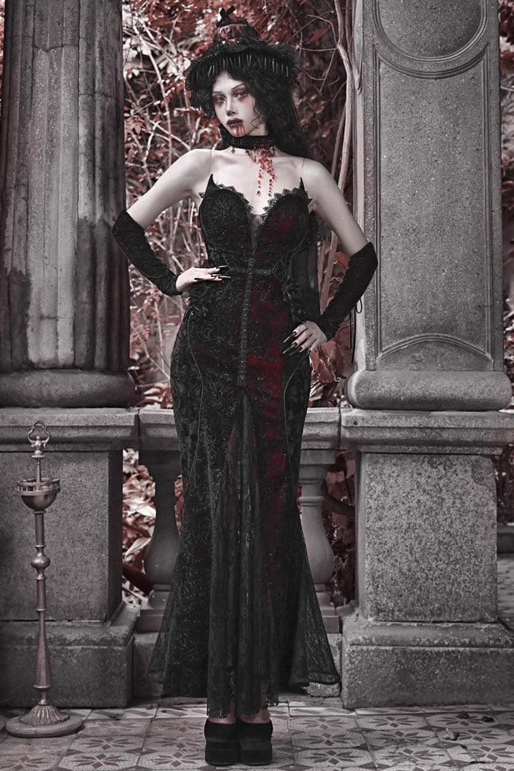 Black/Red High-Waisted Embroidered Lace Sleeveless Ruffle Gothic Fishtail Dress - Scarlet Blood Peak