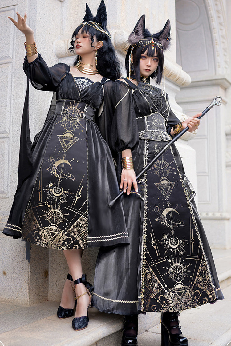 Black Print Ruffle Hot Stamping Gothic Gorgeous JSK Mini Dress