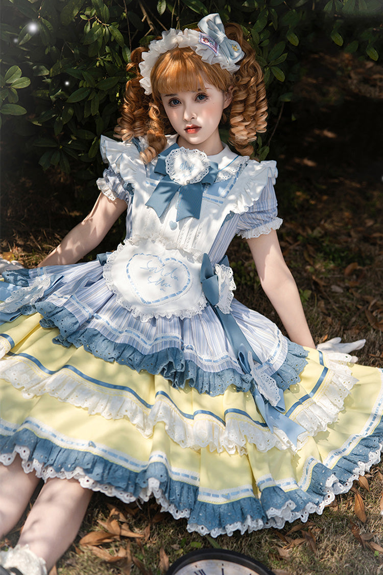Blue/Yellow Short Sleeves Triple-Layer Ruffle Ribbon Lace Girly Japanese Lolita Dress