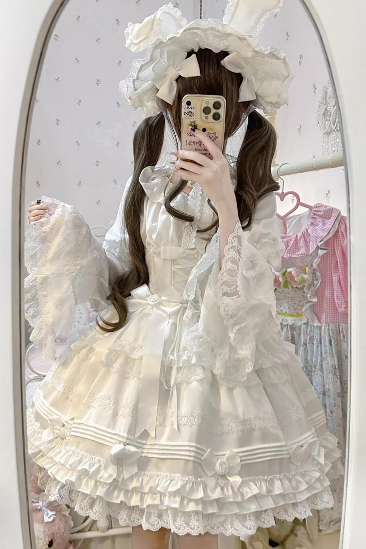 Ivory Layered Frosting Ruffle Bow Lace Sweet Dress