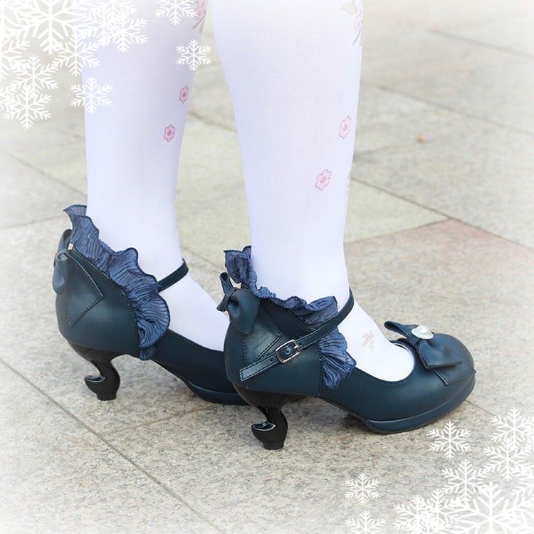Ribbon-Strap Ruffle PU Girly Lolita Pumps - Multiple Shades