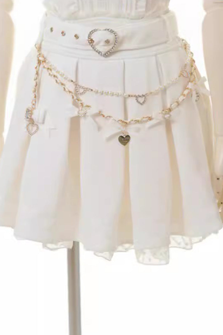 Pretty Heart-Belt Printed Ruffled Pearl and Chain Decorated Plus-Size Pleated Skirt
