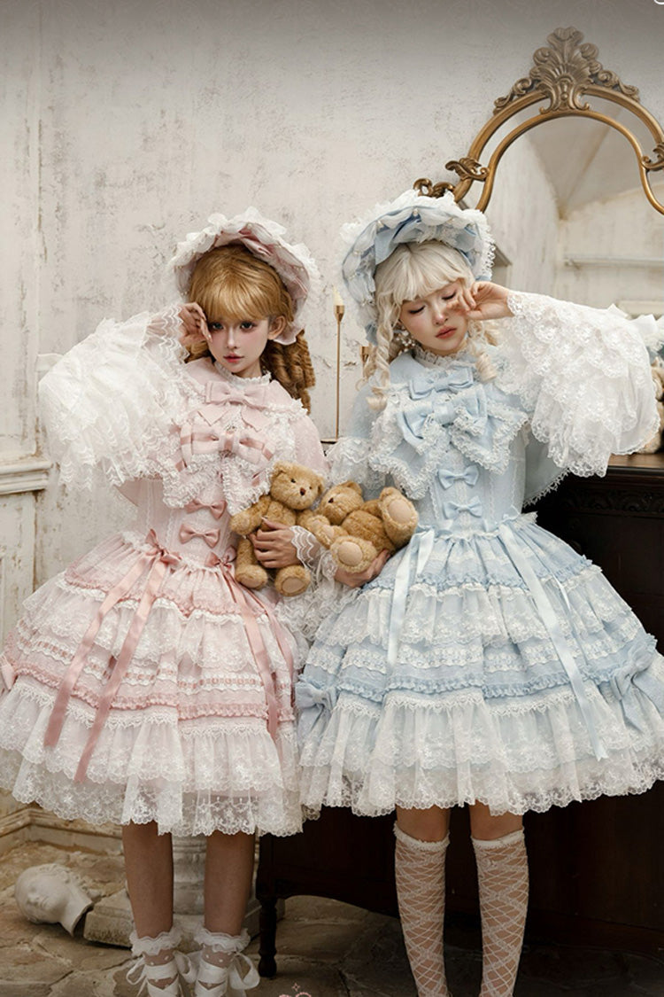 Blue Sleeveless Ruffled Bow Lace Sweet Lolita JSK - Reinas