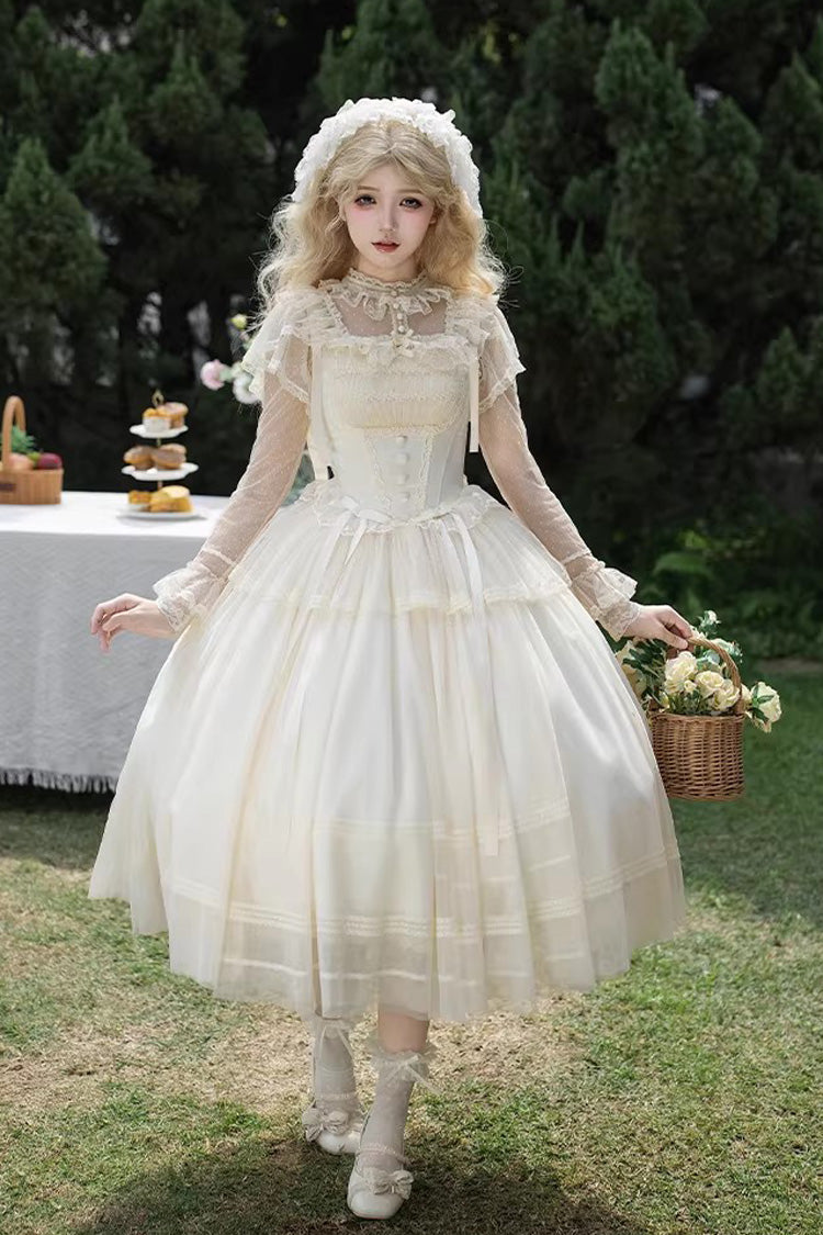 Cream Letters Poems Confession Square Collar Sleeveless Frilled Bow Lace Fishbone Sweet Lolita JSK Dress Two Variants