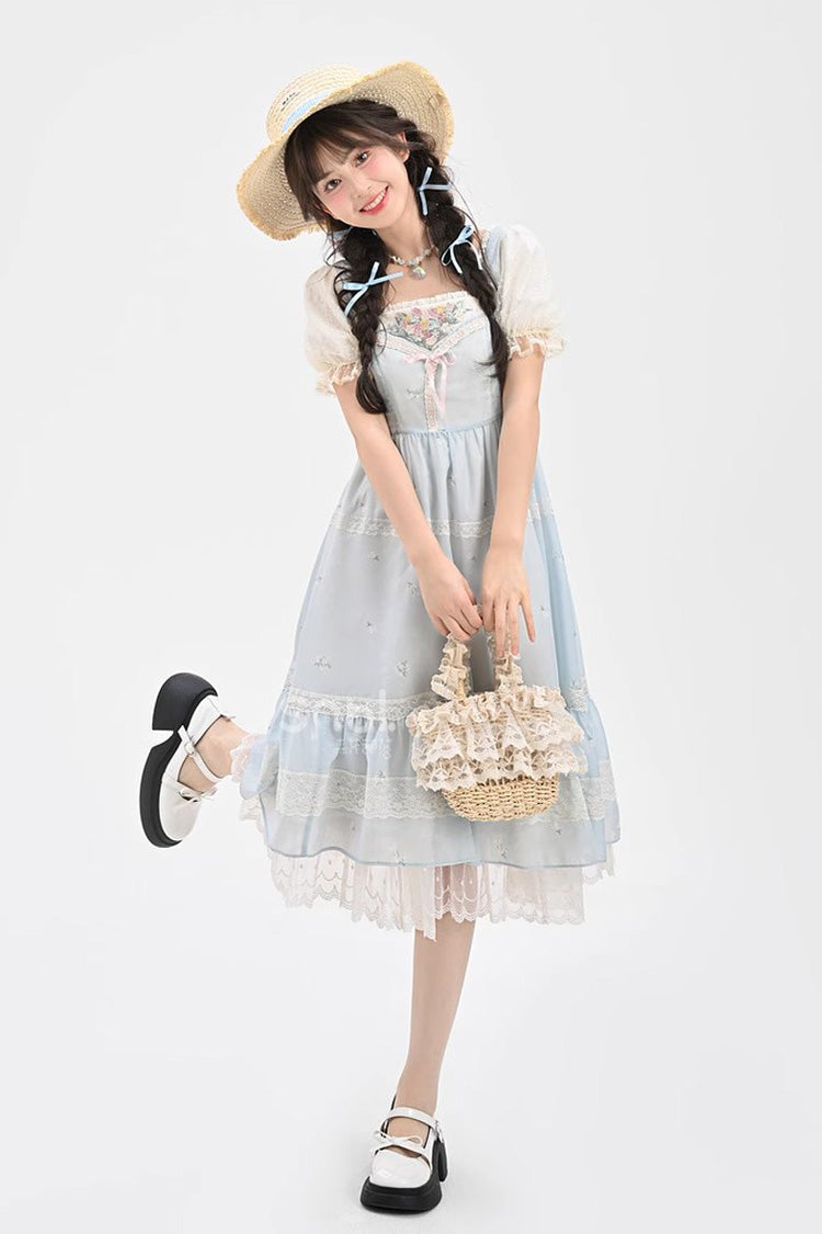 Azure Embroidered Sweet Princess Dress with Lace and Bows
