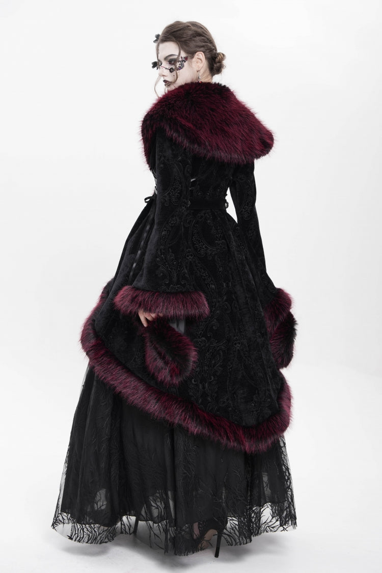 Crimson Floral Embroidered Gothic Fluffy Jacket