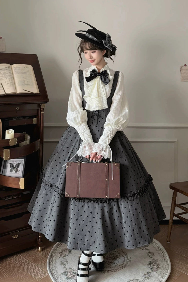 Polka-Dot Fishbone Classic Princess Strap Dress in Black