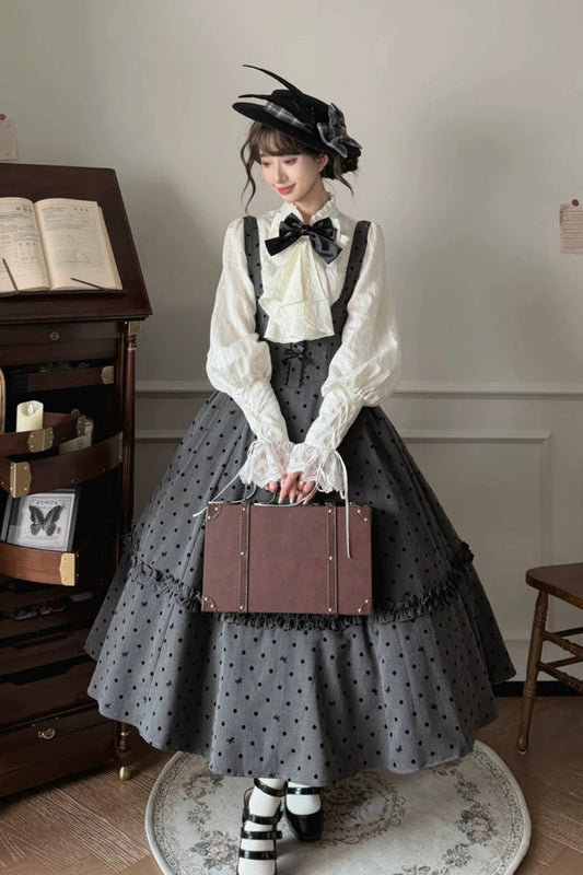 Polka-Dot Fishbone Classic Princess Strap Dress in Black